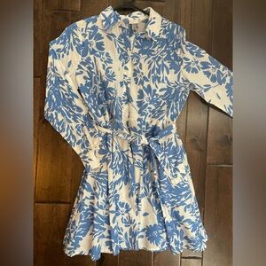 A New Day size Small Blue & White Floral Tie-Waist Mini Shirt Dress
